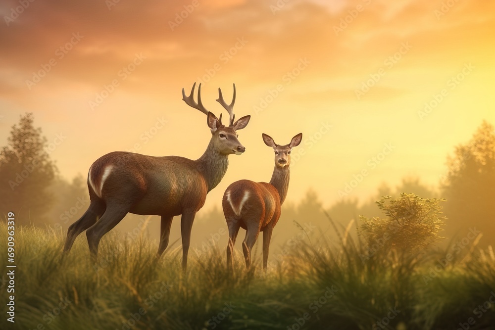 Obraz premium deer with antlers and small bambi fawn at sunset in meadow near forest. AI generated.