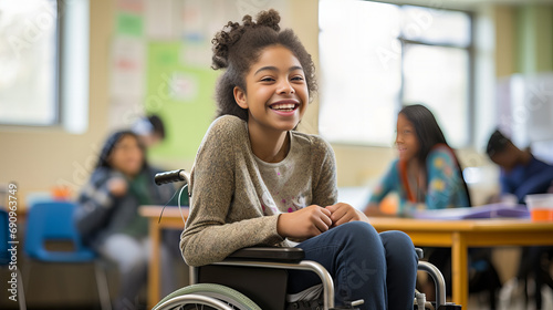 Smiling disabled child on a wheelchair in classroom