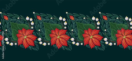 Decorative holiday border with poinsettia flowers on dark green background. Vector xmas seamless tracery frieze with floral ornament
