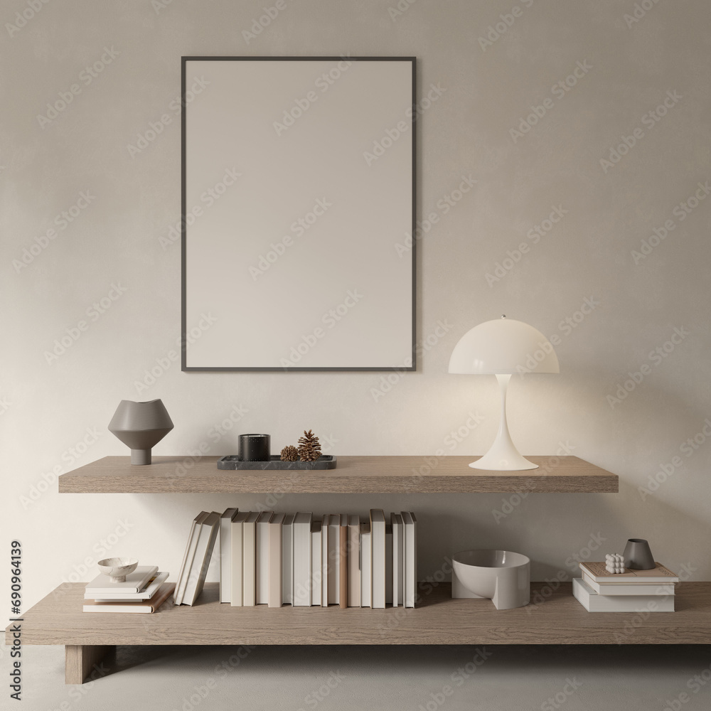 Japandi shelf design with decor , lamp and empty poster frame , mock up interior , 3d rendering Japandi shelf design with decor , lamp and empty poster frame , mock up interior , 3d rendering