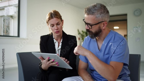 Pharmaceutical sales representative talking with doctor in medical building. Ambitious hospital director consulting with healtcare staff. Woman business leader. photo