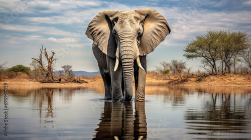 Elephant Elegance in Reflection: A reflective moment as an elephant gracefully bathes, creating a stunning mirrored image in the calm water.