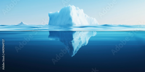 White Iceberg floating in clear blue water sea  under and above water view. Global Warming Concept. Generative AI