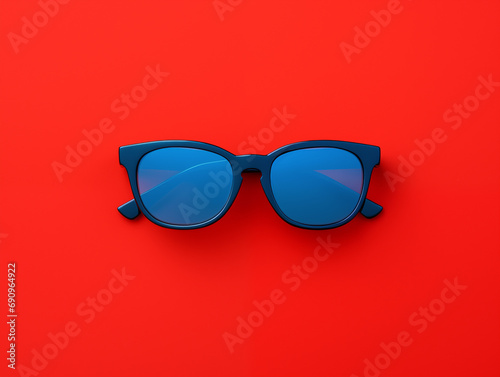 Blue sunglasses on red background 