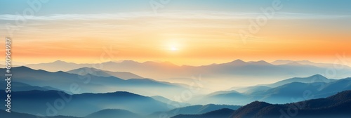 Panoramic view of the mountains with sunrise. Large banner. .Landscape background