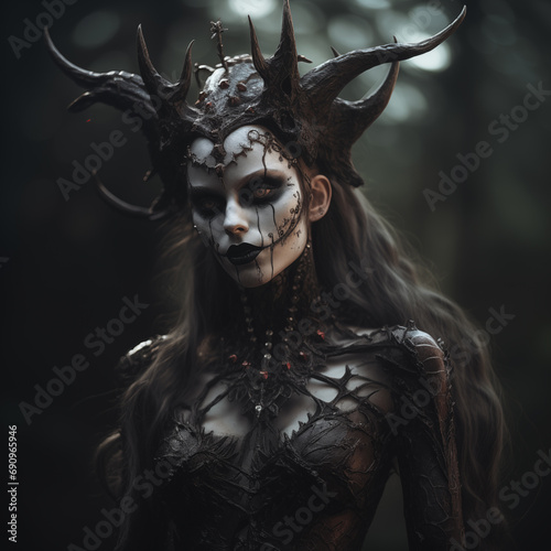 Dark witch with horns with pale face generative ai