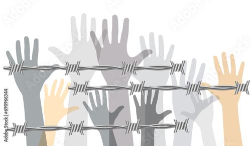 Outstretched arms shackled with barbed wire. Protest. Vector illustration.