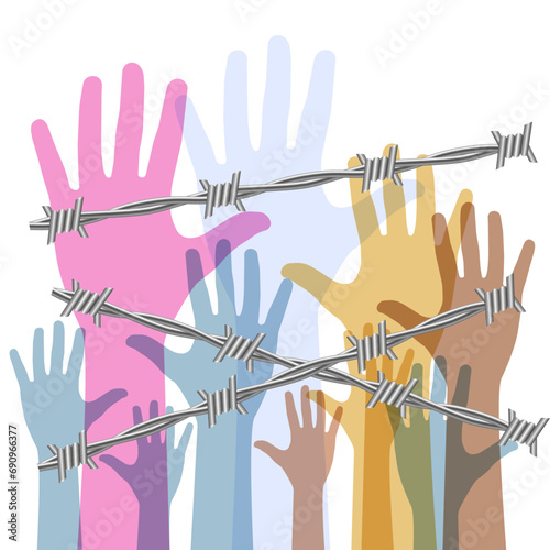 Outstretched arms shackled with barbed wire. Protest. Vector illustration.