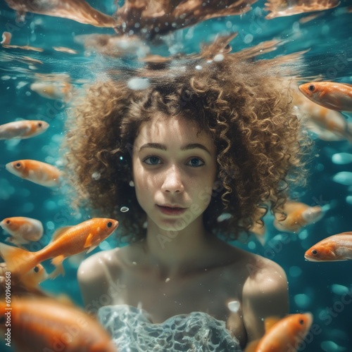 Curly-haired girl swimming with fish underwater