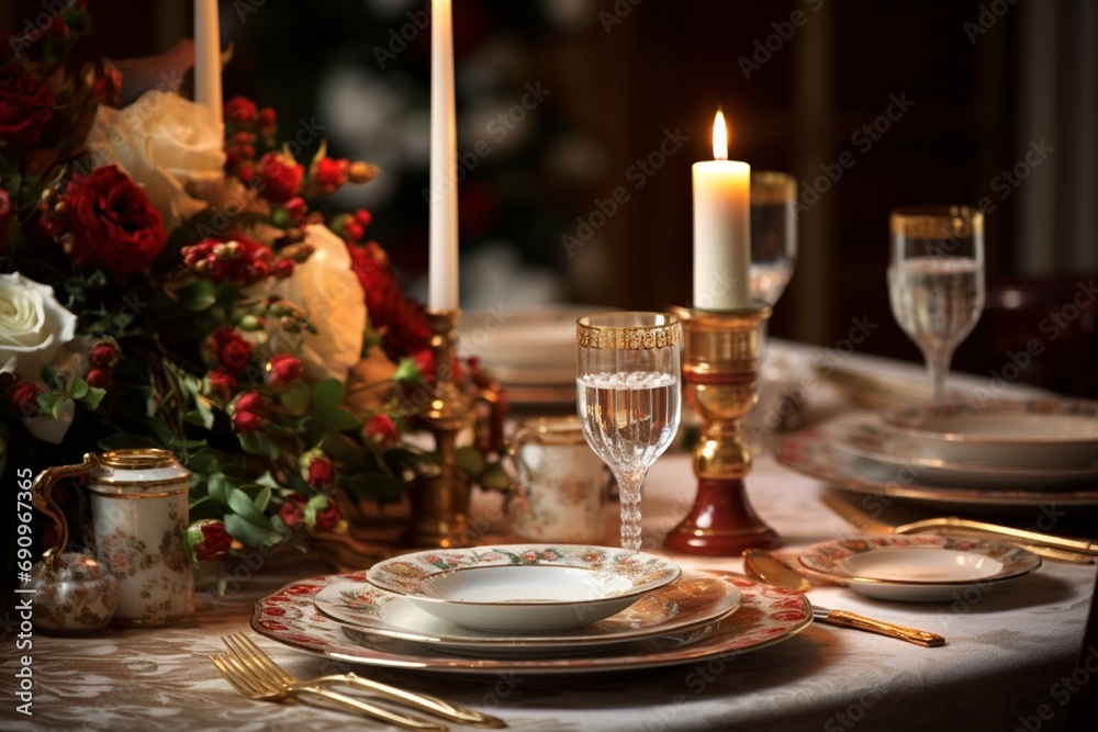 A table set with elegant Christmas dinnerware, featuring blurred candles and a centerpiece, creating a festive dining experience.