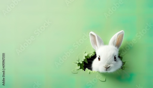 White cute bunny peaking out a green hole in a wall,  Adorable spring easter rabbit card, banner. © Caphira Lescante