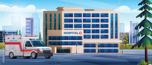 Public hospital building with ambulance car. Medical concept design background landscape illustration photo