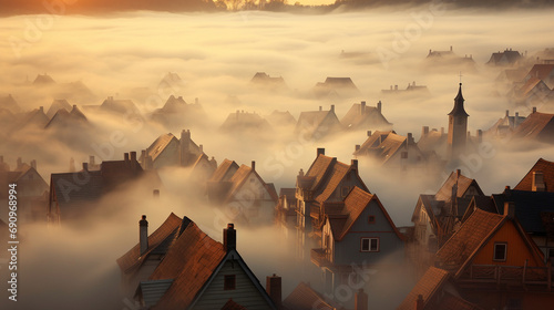 Roofs of town houses above the fog