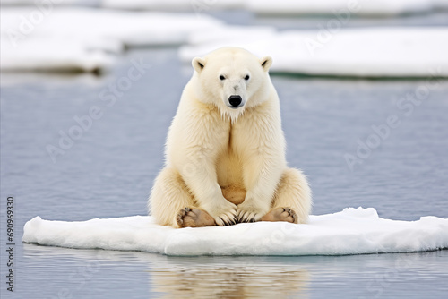 Sad polar bear on an ice floe in the ocean. Concept of global warming and melting glaciers