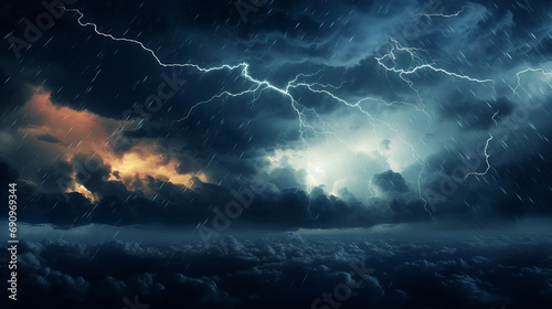 A sunset with beautiful dark and mysterious clouds with lighting striking and rain, background