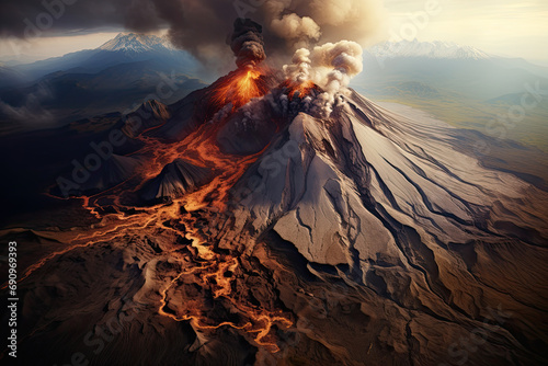 Aerial view of a volcano eruption