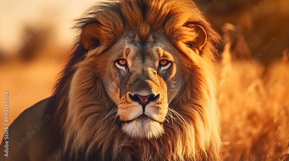 Naklejka premium Beautiful lion male portrait in amazing evening light. Wild animal in the nature habitat. African wildlife. This is Africa. Lions leader. Panthera leo.