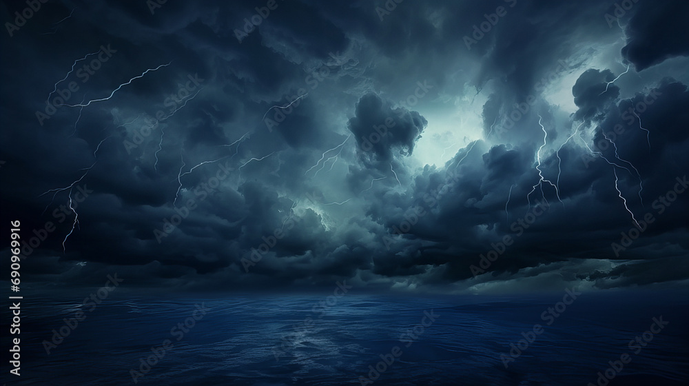 lighting striking in the beautiful rainy night sky over the ocean, mysterious background
