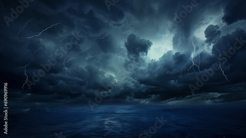 lighting striking in the beautiful rainy night sky over the ocean, mysterious background