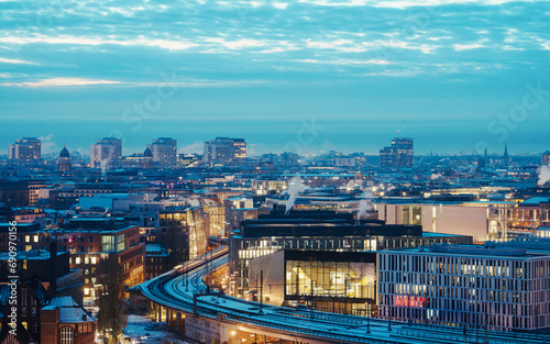 Photography aerial cityscape view of the Berlin skyline on a cold winter morning