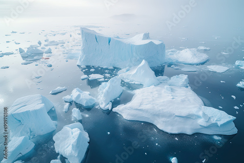 Aerial view of icebergs on sea for wallpaper