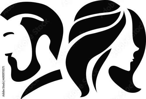 Beauty saloon. Men's hairstyle, haircut. Women's hairstyle, haircut, styling. Black silhouette on a transparent background. Logo. Vector.