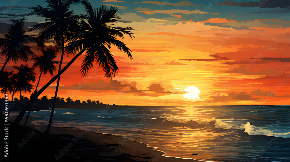 Ocean sunset with silhouettes of palm trees on the beach.