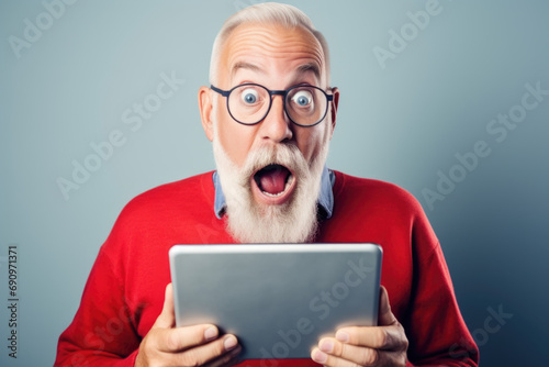 Surprised elderly man holding a tablet. Concept captures astonishment and technology
