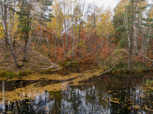 Fototapeta Naklejka Na Ścianę i Meble -  Small forest lake with hilly banks in overcast autumn morning