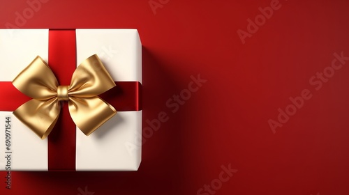 Open White Gift Box with Gold Ribbon Bow on Dark Red Background AI Generated