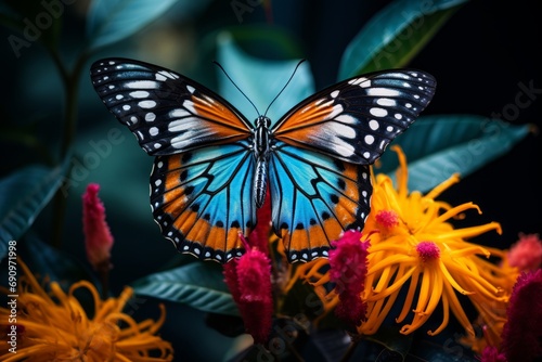 Photo of a close-up shot of a colorful, exotic butterfly on a flower. Generative AI