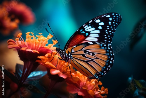 Photo of a close-up shot of a colorful, exotic butterfly on a flower. Generative AI