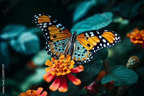 Photo of a close-up shot of a colorful, exotic butterfly on a flower. Generative AI © Aditya