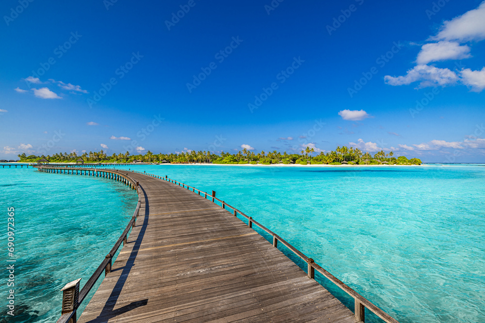 Best travel landscape. Exotic island sea bay wooden pier over pristine lagoon leads into beautiful tropical paradise, coco palm trees white sand. Calm water, sunshine. Amazing vacation, luxury resort
