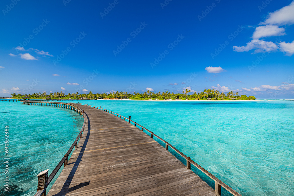 Best travel landscape. Exotic island sea bay wooden pier over pristine lagoon leads into beautiful tropical paradise, coco palm trees white sand. Calm water, sunshine. Amazing vacation, luxury resort
Best travel landscape. Exotic island sea bay wooden pier over pristine lagoon leads into beautiful tropical paradise, coco palm trees white sand. Calm water, sunshine. Amazing vacation, luxury resort