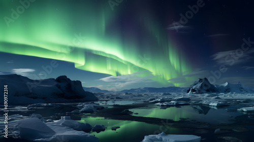 The aurora australis illuminating the night sky over an Antarctic landscape. © Thomas