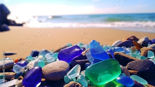 glass colorful stones on the beach, and a pile of colorful reflexology pebbles