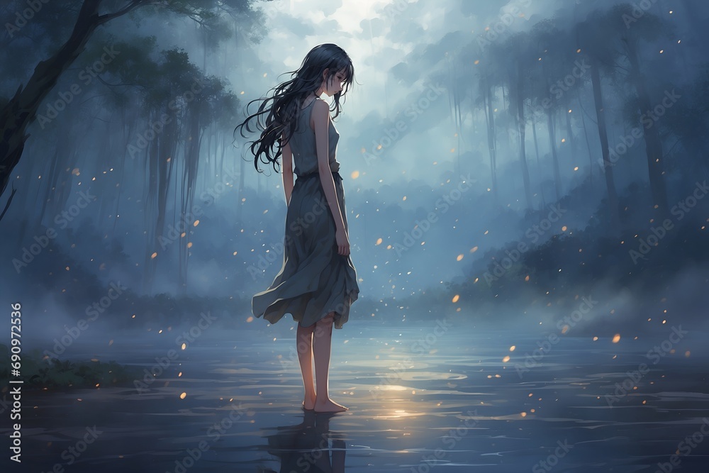 woman walking in the water in the evening, in the style of anime art - obrazy, fototapety, plakaty 