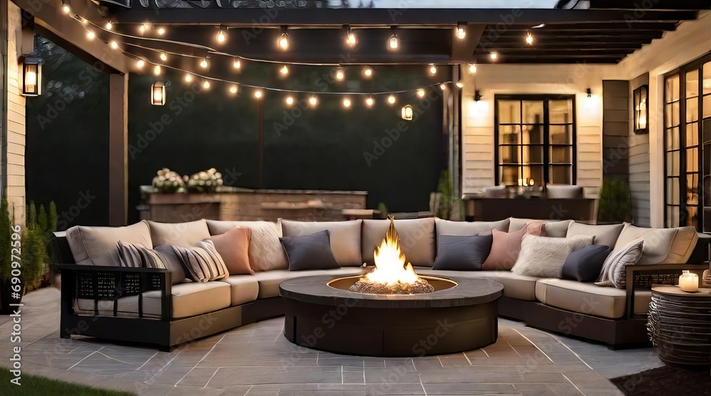 Luxurious Backyard Patio with Fire Pit and String Lights at Dusk - obrazy, fototapety, plakaty 