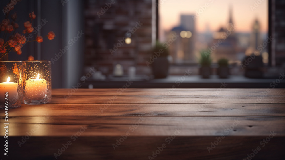 Empty wooden kitchen table with blurred background for product display montages