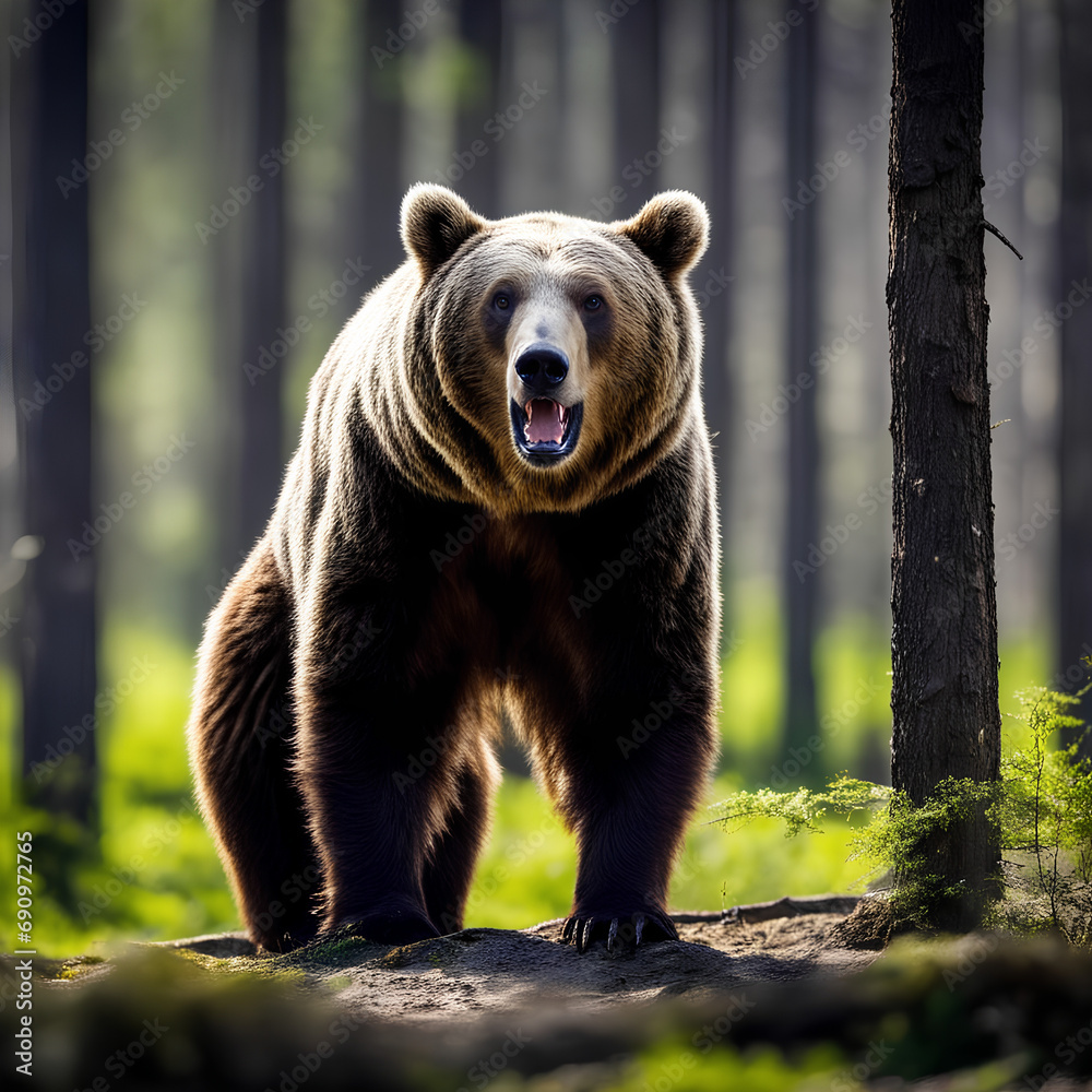 Fototapeta premium A brown bear in the forest created by artificial intelligence.