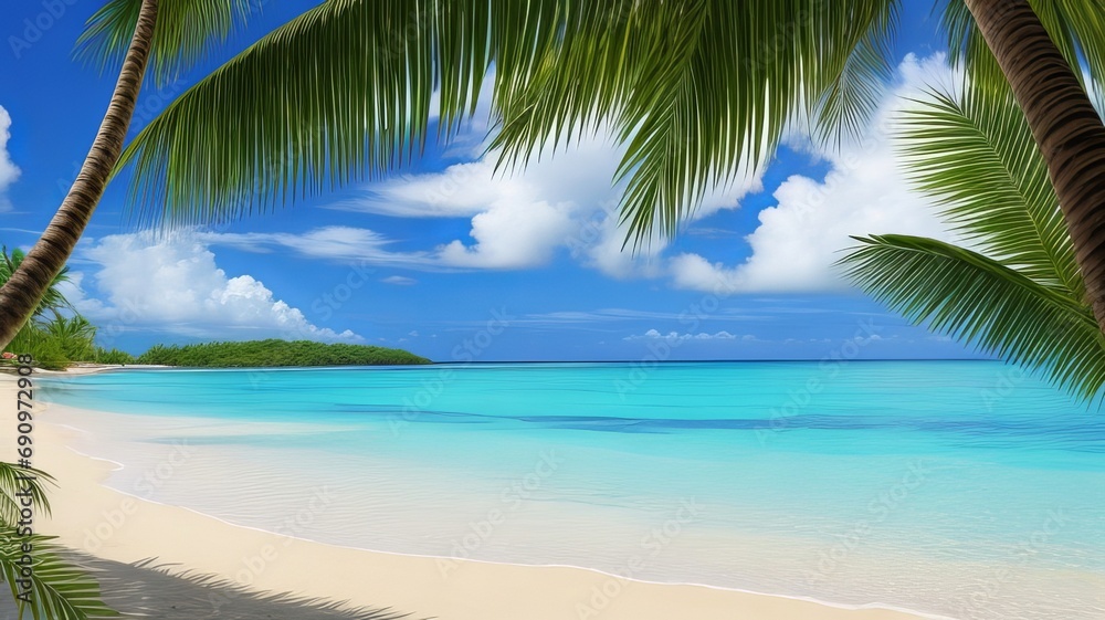 Serene Tropical Beach with Palm Trees and Clear Blue Water