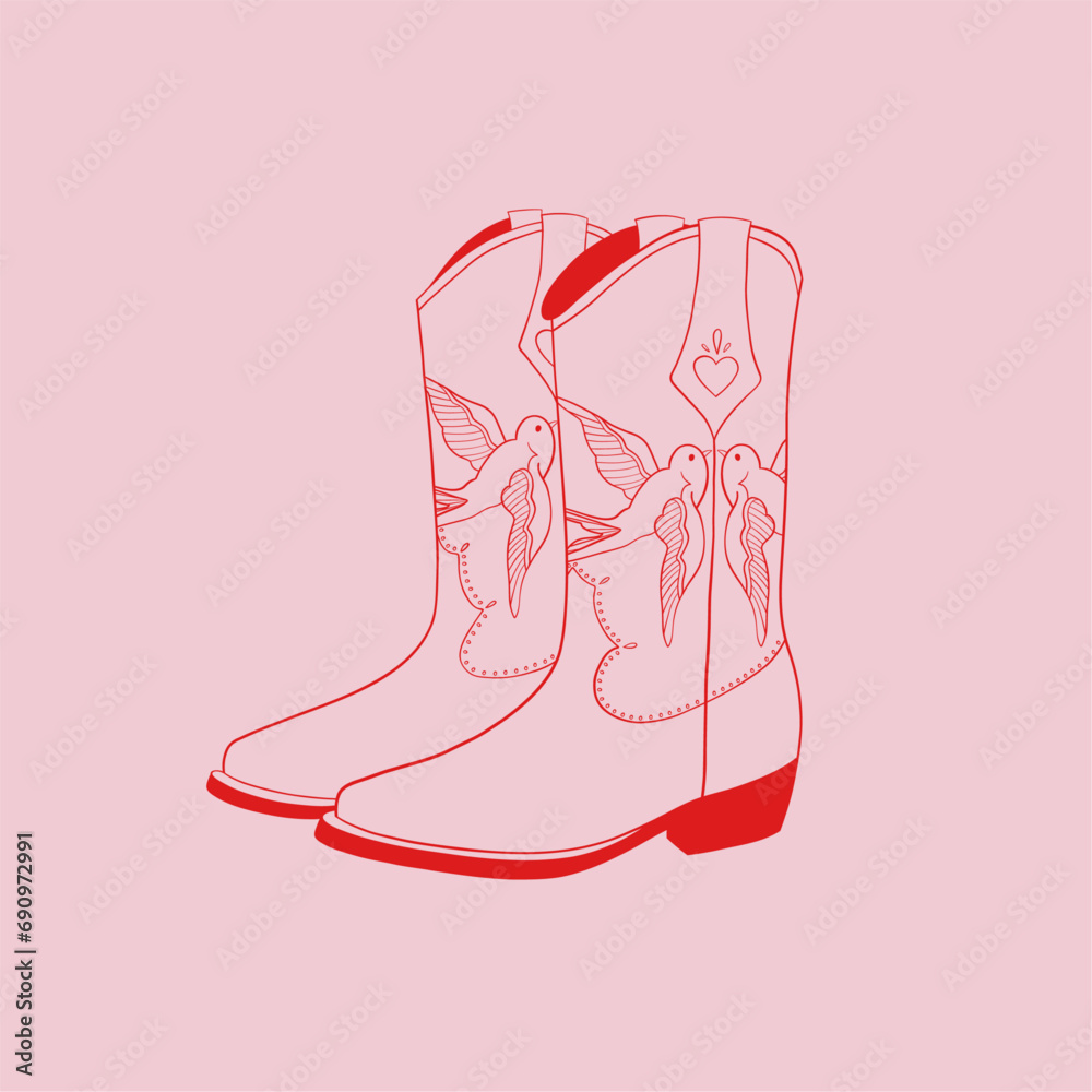 Cowboy boots with ornament. Wild west, western fashion style. Outline vector illustration on pink background. Design for baner, postcard, poster or sticker. All elements are isolated Cowboy boots with ornament. Wild west, western fashion style. Outline vector illustration on pink background. Design for baner, postcard, poster or sticker. All elements are isolated
