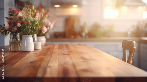 Kitchen table with small flowers and copy space with blurred background