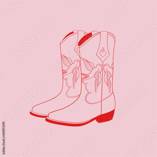 Cowboy boots with ornament. Wild west, western fashion style. Outline vector illustration on pink background. Design for baner, postcard, poster or sticker. All elements are isolated