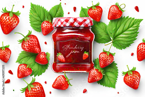 Ripe red strawberries and a jar of strawberry jam on a white background photo