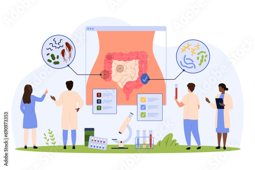 Bad and good bacteria in human intestines, infographics vector illustration. Cartoon tiny people check gastrointestinal system on anatomy chart, digestive tract with lactobacillus and campylobacter photo