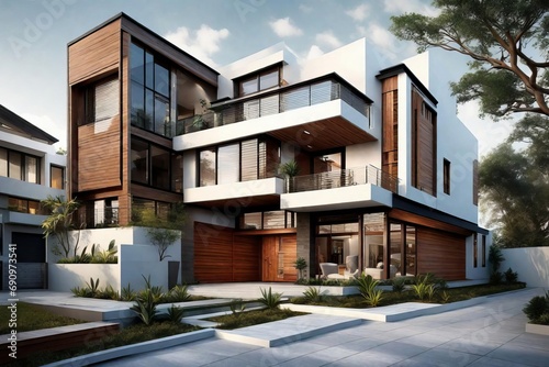 Three-Story Modern Luxury Home with Wooden Accents and Landscaping © Sheharyar