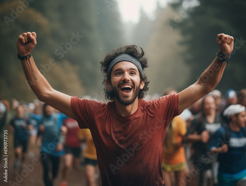 A Person Celebrating A Personal Fitness Goal Like Running A 5K Race