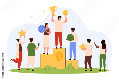 Podium for winners with achievement awards vector illustration. Cartoon winning tiny man on top of pedestal celebrating victory with cup and gold quality tick, recognition prizes and stars from people